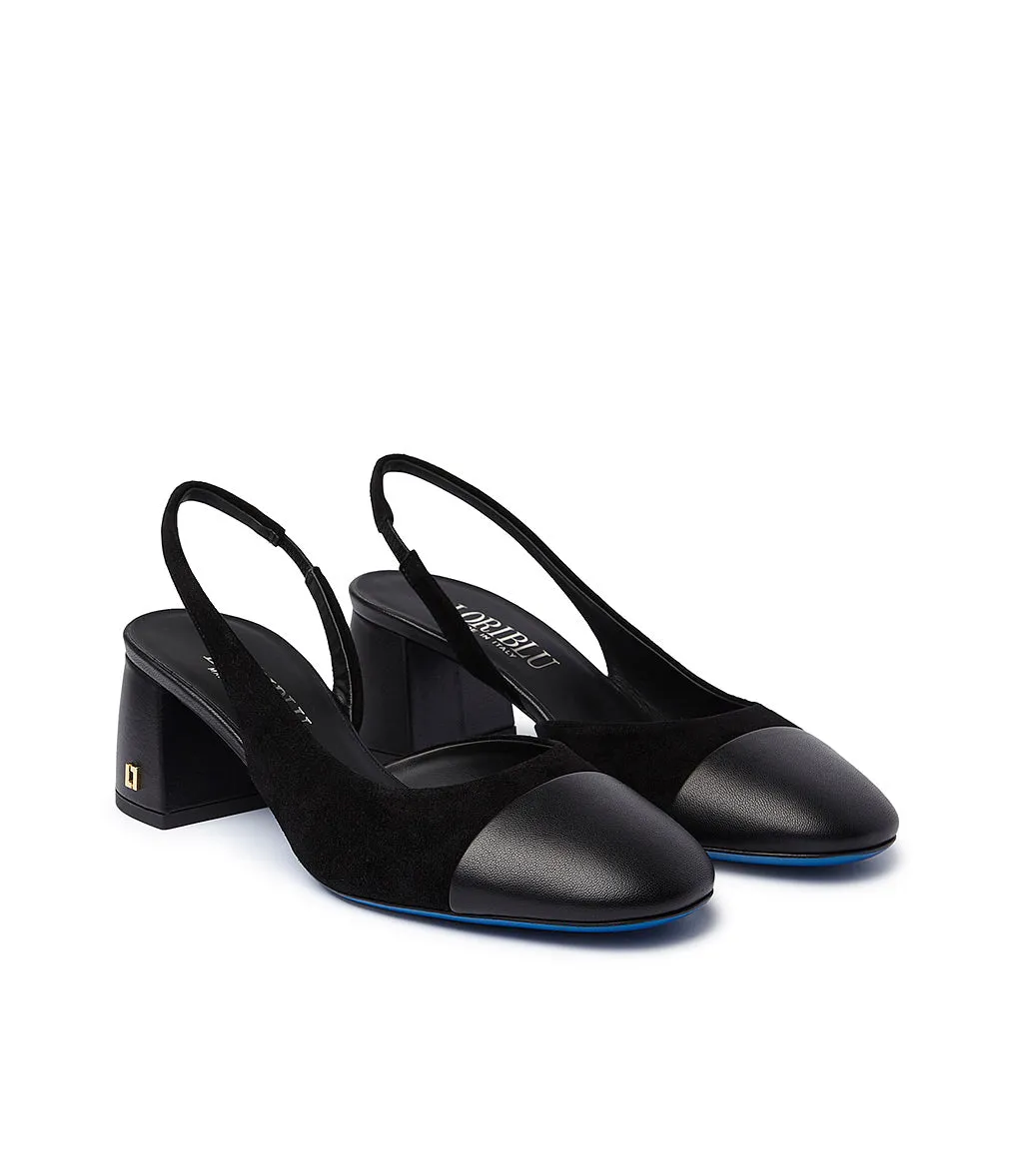 Logo-embellished black suede and leather slingback heels.