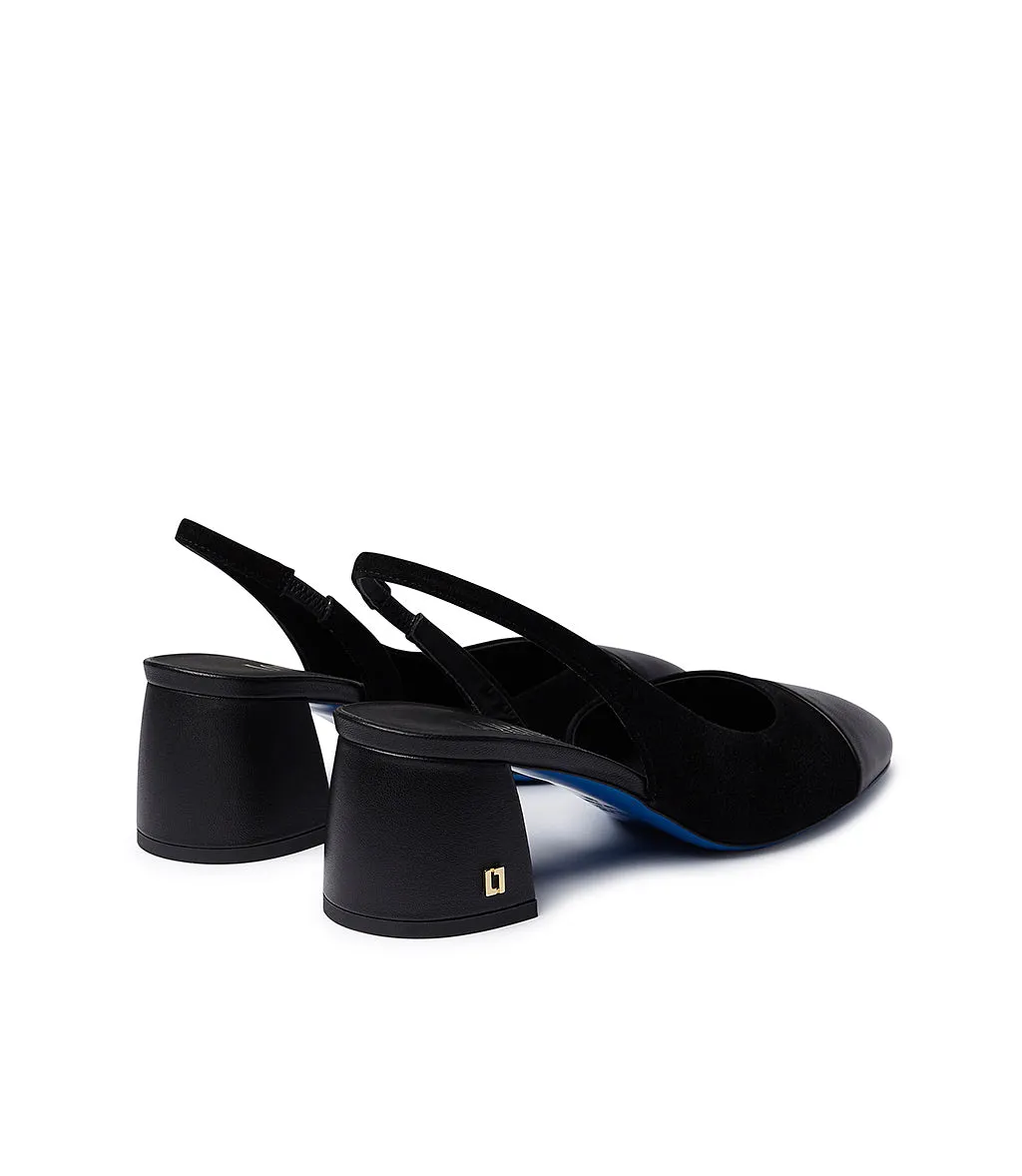 Logo-embellished black suede and leather slingback heels.