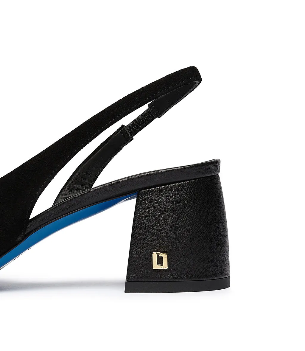 Logo-embellished black suede and leather slingback heels.