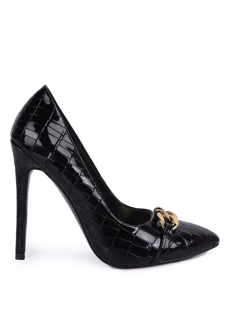 London Rag Black Croc Metal Chain Pump Heels