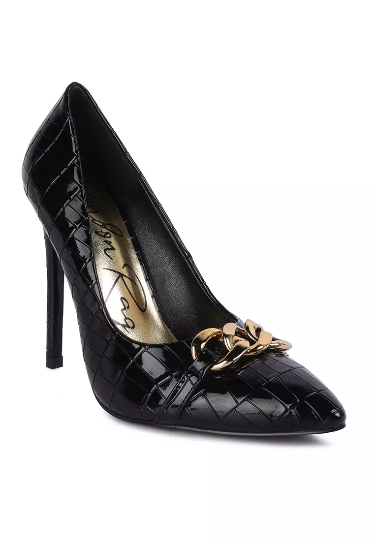 London Rag Black Croc Metal Chain Pump Heels