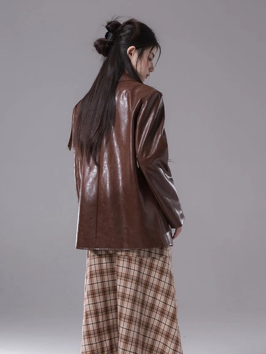 Loose Leather Jacket & A-Line Skirt