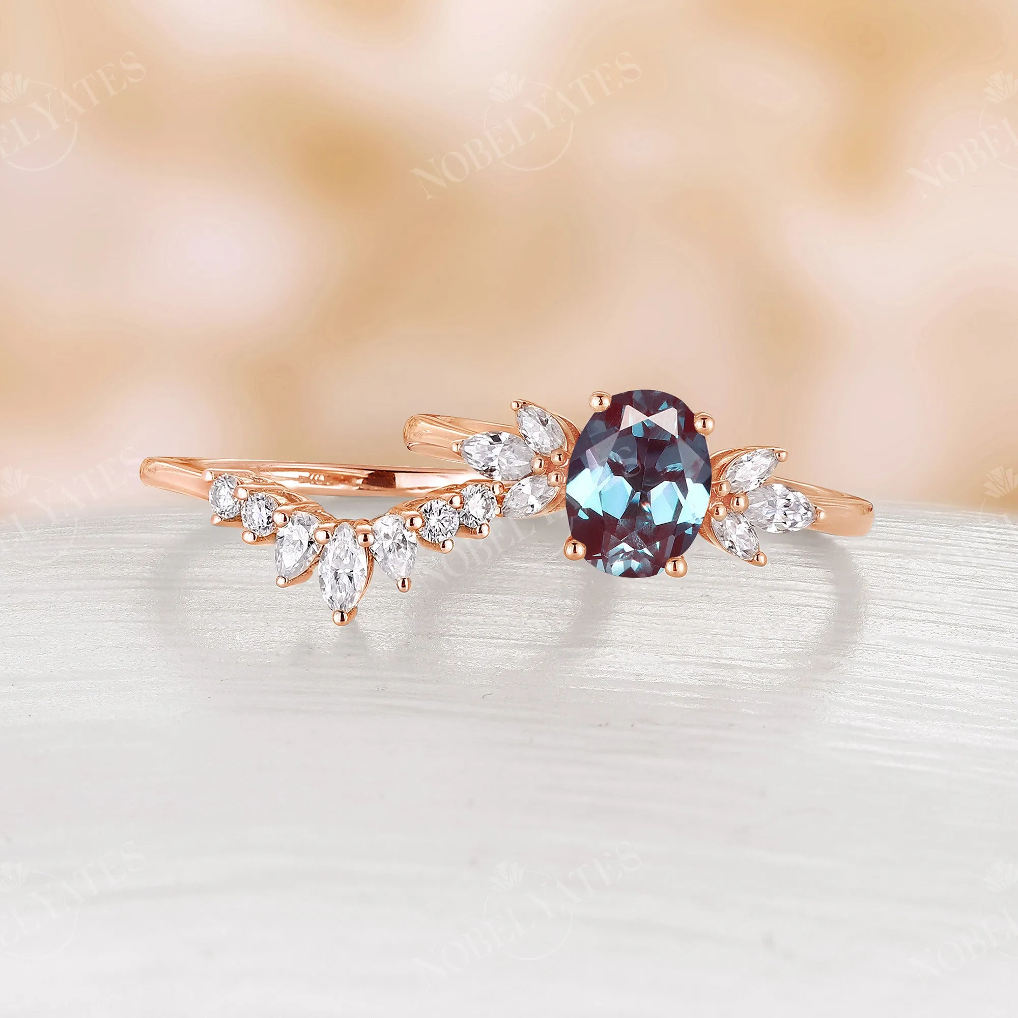 Marquise Cluster Oval Lab Alexandrite Engagement Ring Set