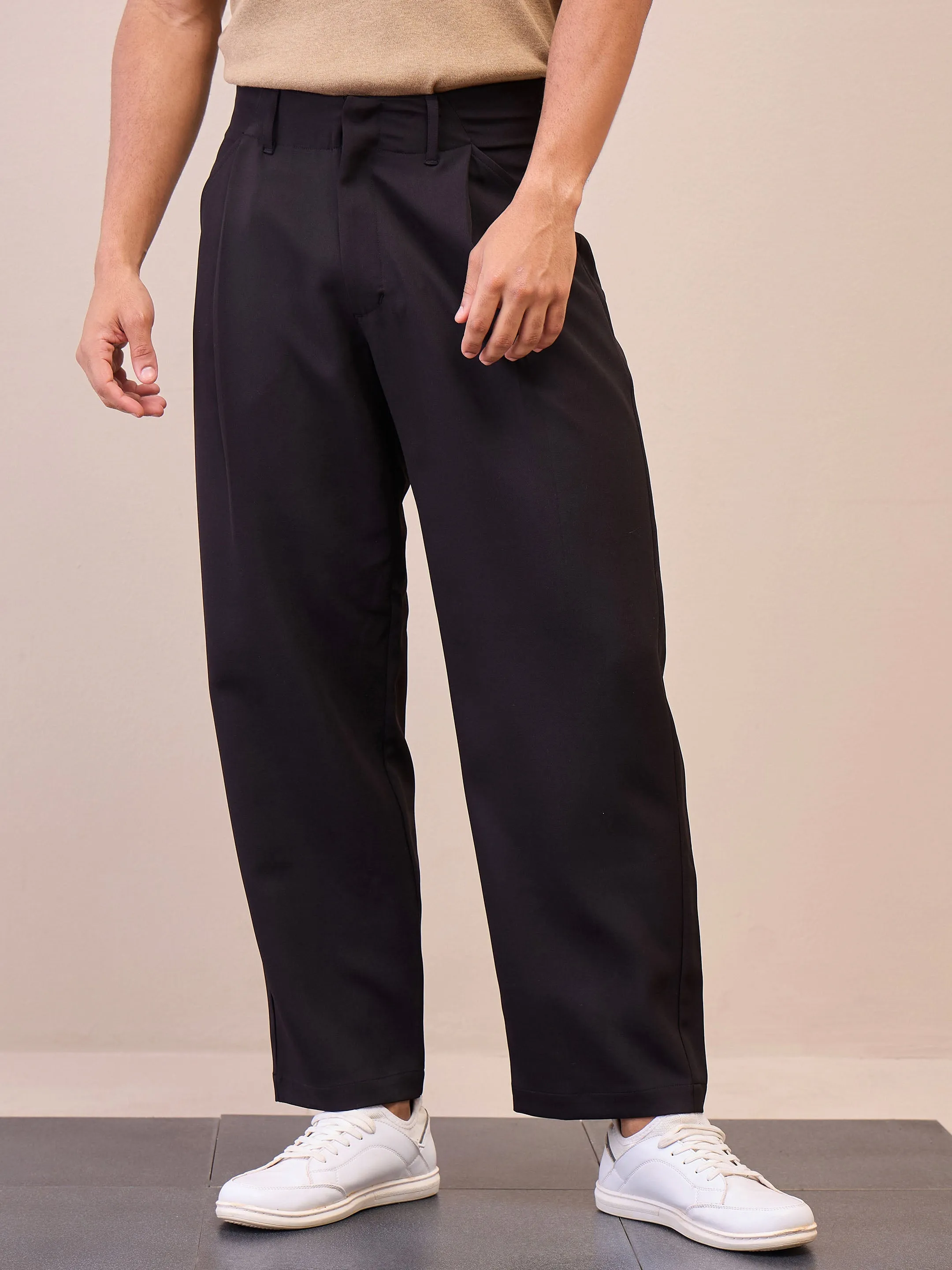 Men Black Straight Pleated Trousers