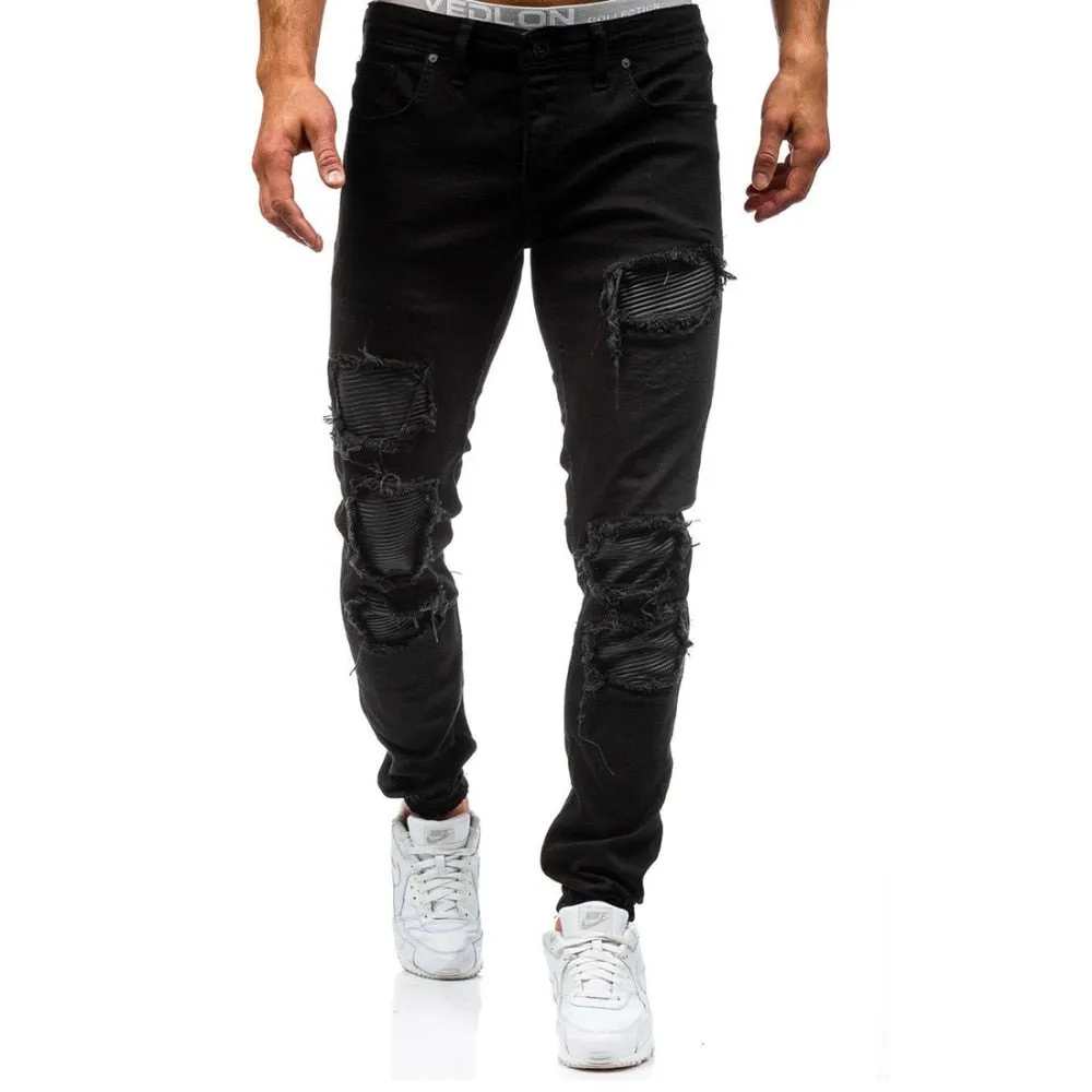 Men's Casual Straight Leg Cotton Jeans with Solid Pattern and Mid Waist