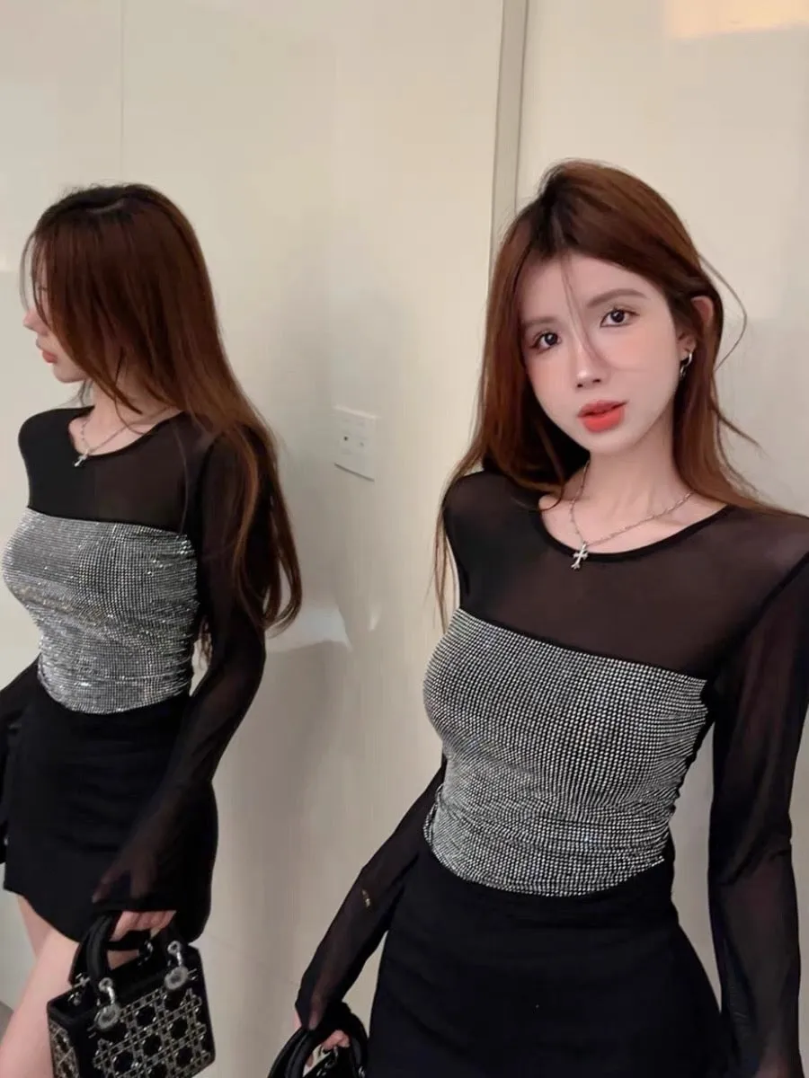 Mesh bottoming shirt for women with autumn and winter thin heavy-duty hot-drilled long-sleeved T-shirt hot girl black short sexy