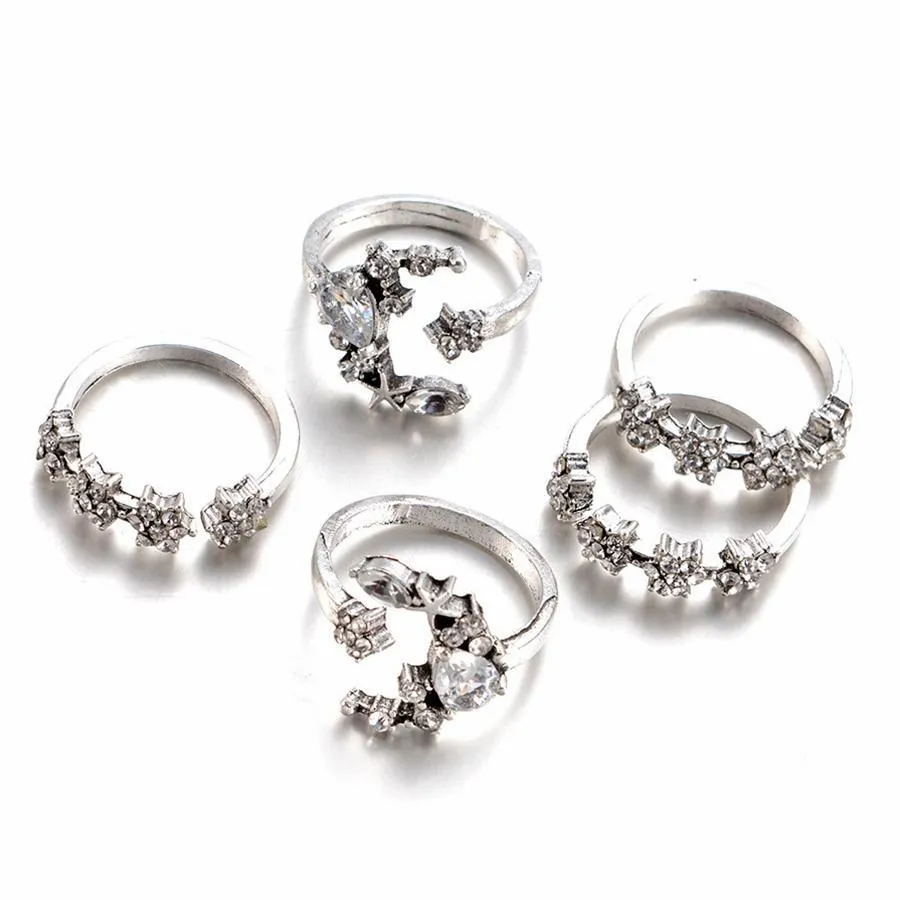 Moon and Star Ring Set