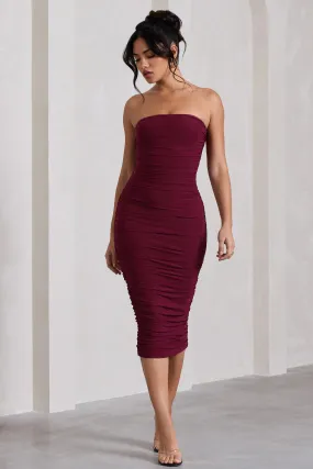 My Girl | Burgundy Bandeau Bodycon Ruched Mesh Midi Dress