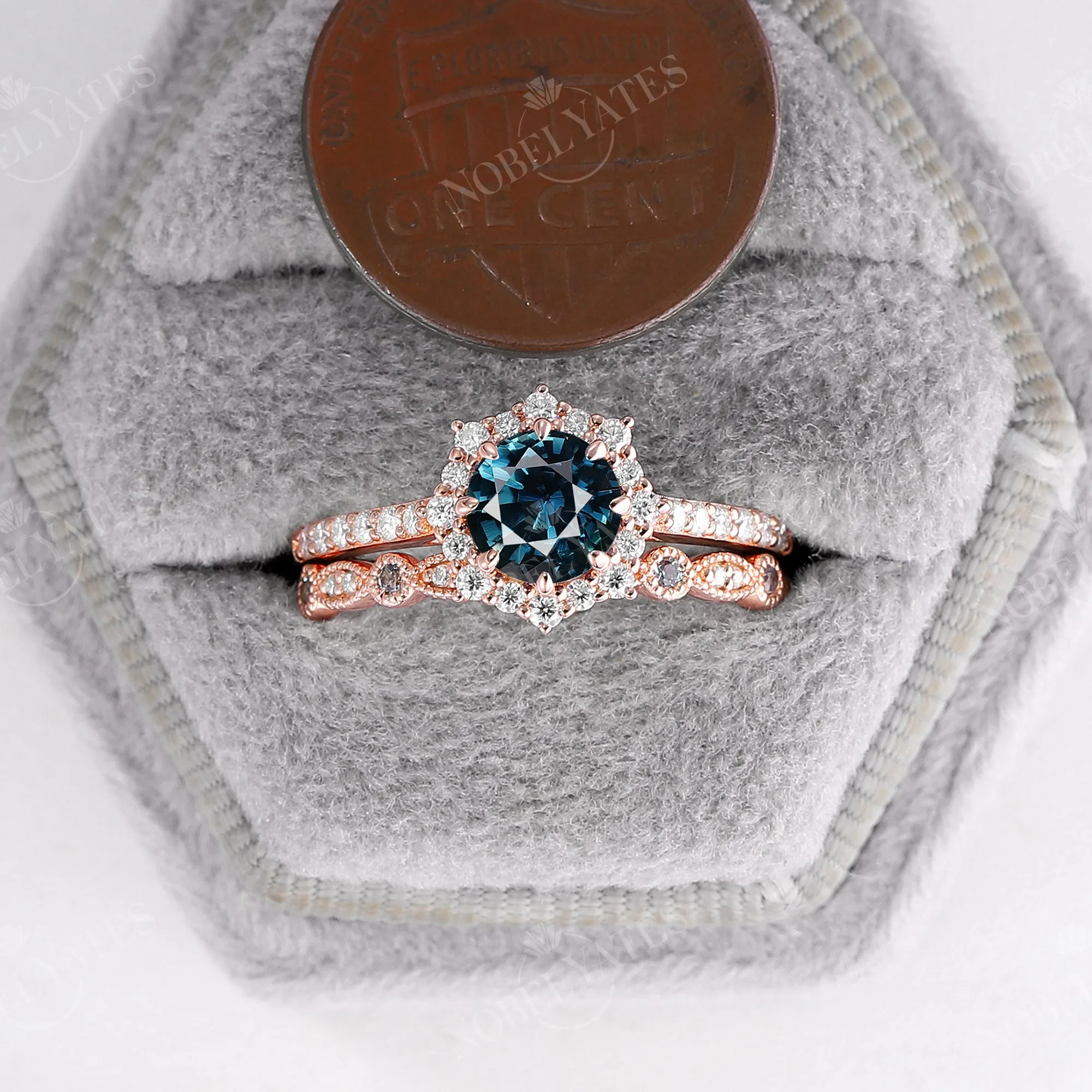 Natural Teal Sapphire Halo Engagement Ring Set Vintage Matching Band