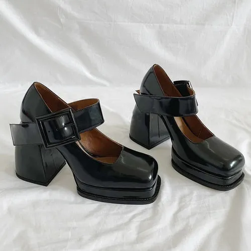 Retro Mary Jane High-heeled Shoes Square Toe Goth Thick Heels.