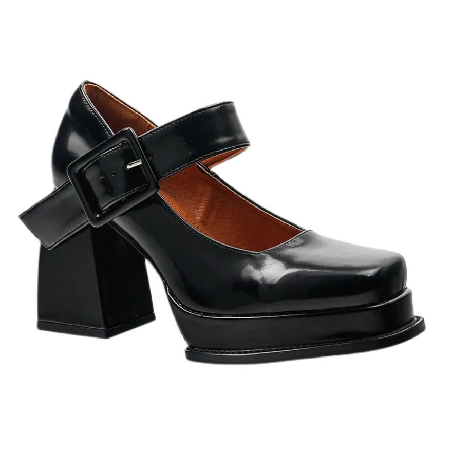 Retro Mary Jane High-heeled Shoes Square Toe Goth Thick Heels.