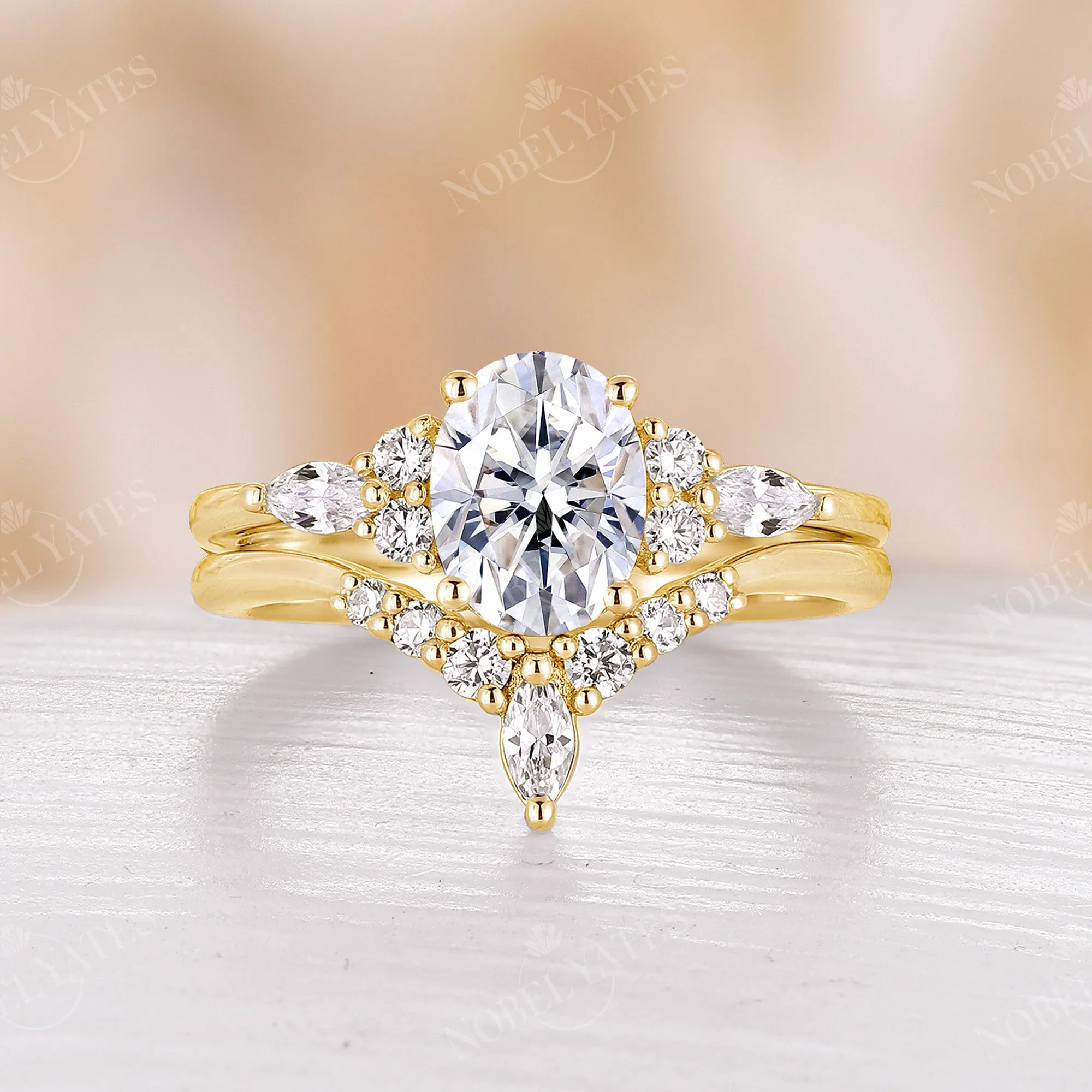 Oval Shape Moissanite Vintage Rose Gold Cluster Engagement Ring Set