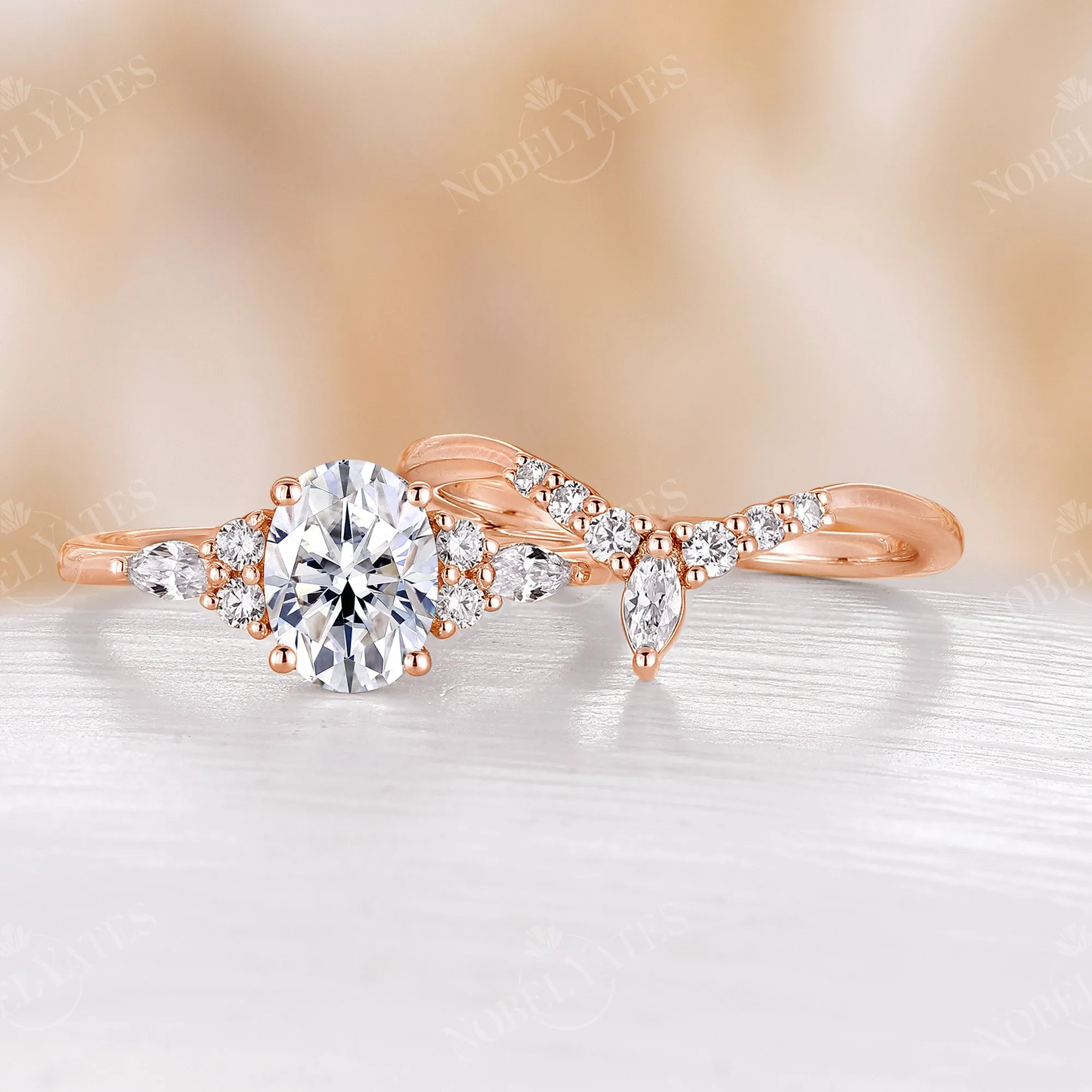 Oval Shape Moissanite Vintage Rose Gold Cluster Engagement Ring Set