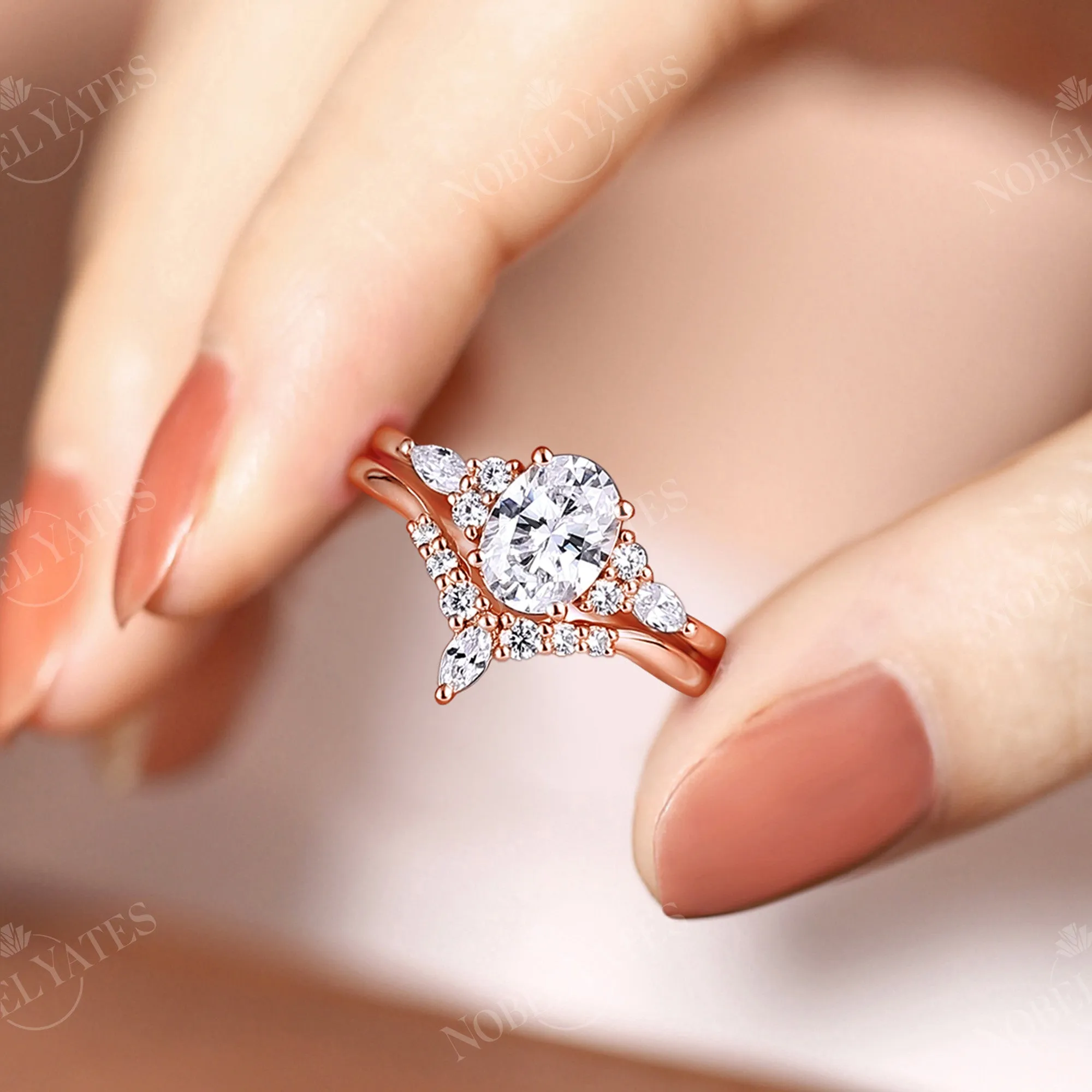 Oval Shape Moissanite Vintage Rose Gold Cluster Engagement Ring Set