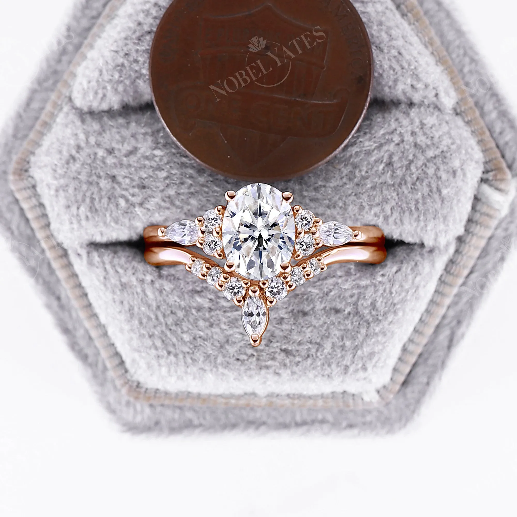 Oval Shape Moissanite Vintage Rose Gold Cluster Engagement Ring Set