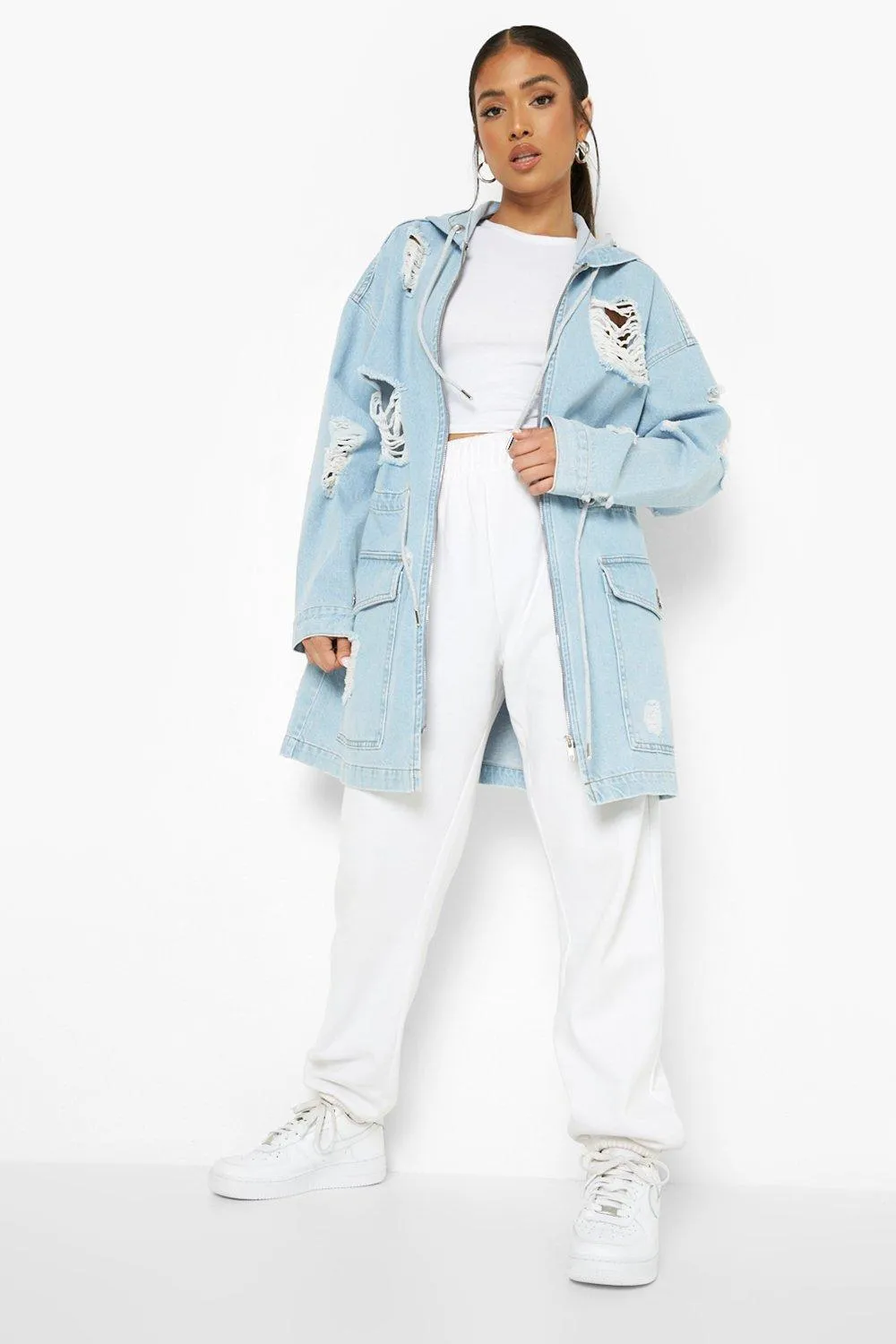 Petite Distressed Longline Denim Jacket