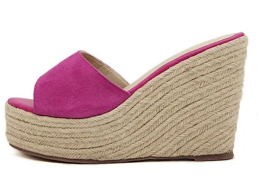 Pink Fuchsia Suede Knitted Straw Platform Wedge Sandals