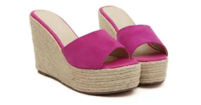 Pink Fuchsia Suede Knitted Straw Platform Wedge Sandals