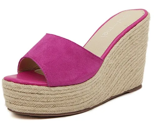 Pink Fuchsia Suede Knitted Straw Platform Wedge Sandals