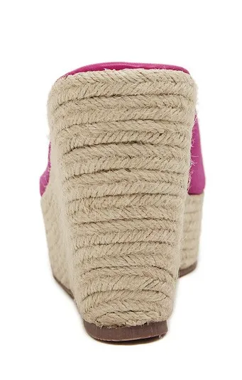 Pink Fuchsia Suede Knitted Straw Platform Wedge Sandals