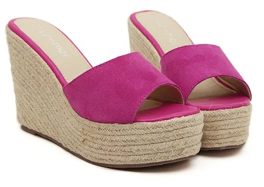 Pink Fuchsia Suede Knitted Straw Platform Wedge Sandals