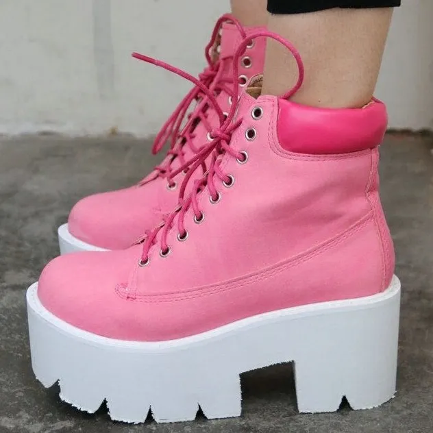 Pink Lace Up Platforms Boots