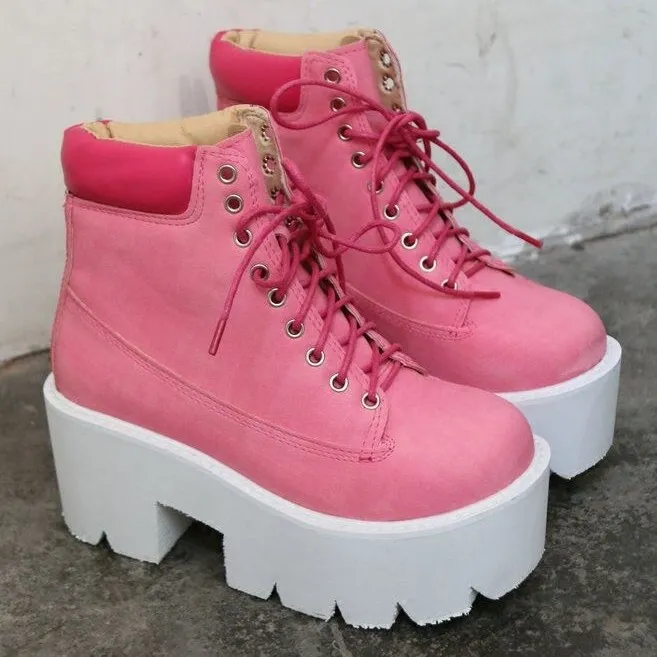 Pink Lace Up Platforms Boots