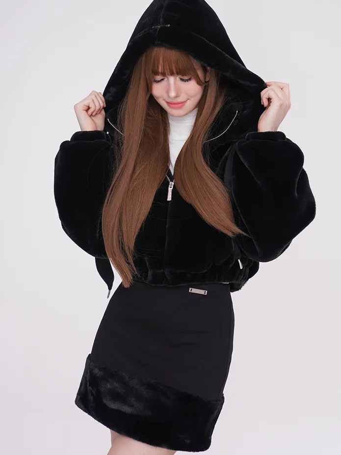 Plush Short Hooded Detachable Jacket & Hip Stitching Skirt