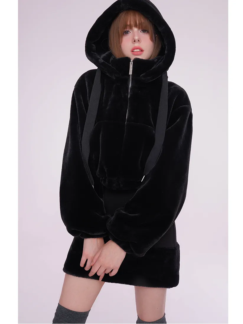 Plush Short Hooded Detachable Jacket & Hip Stitching Skirt