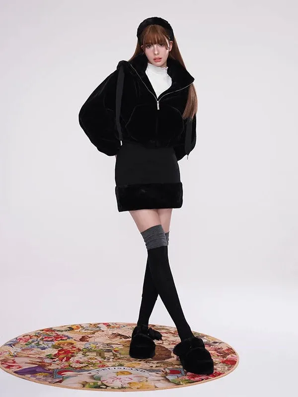 Plush Short Hooded Detachable Jacket & Hip Stitching Skirt