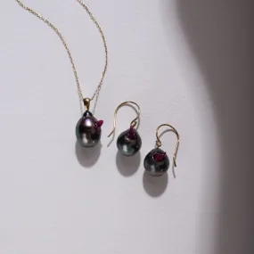 Point Collection Tahitian Drop Pearl Dangle Earrings and Pendant Set with Ruby