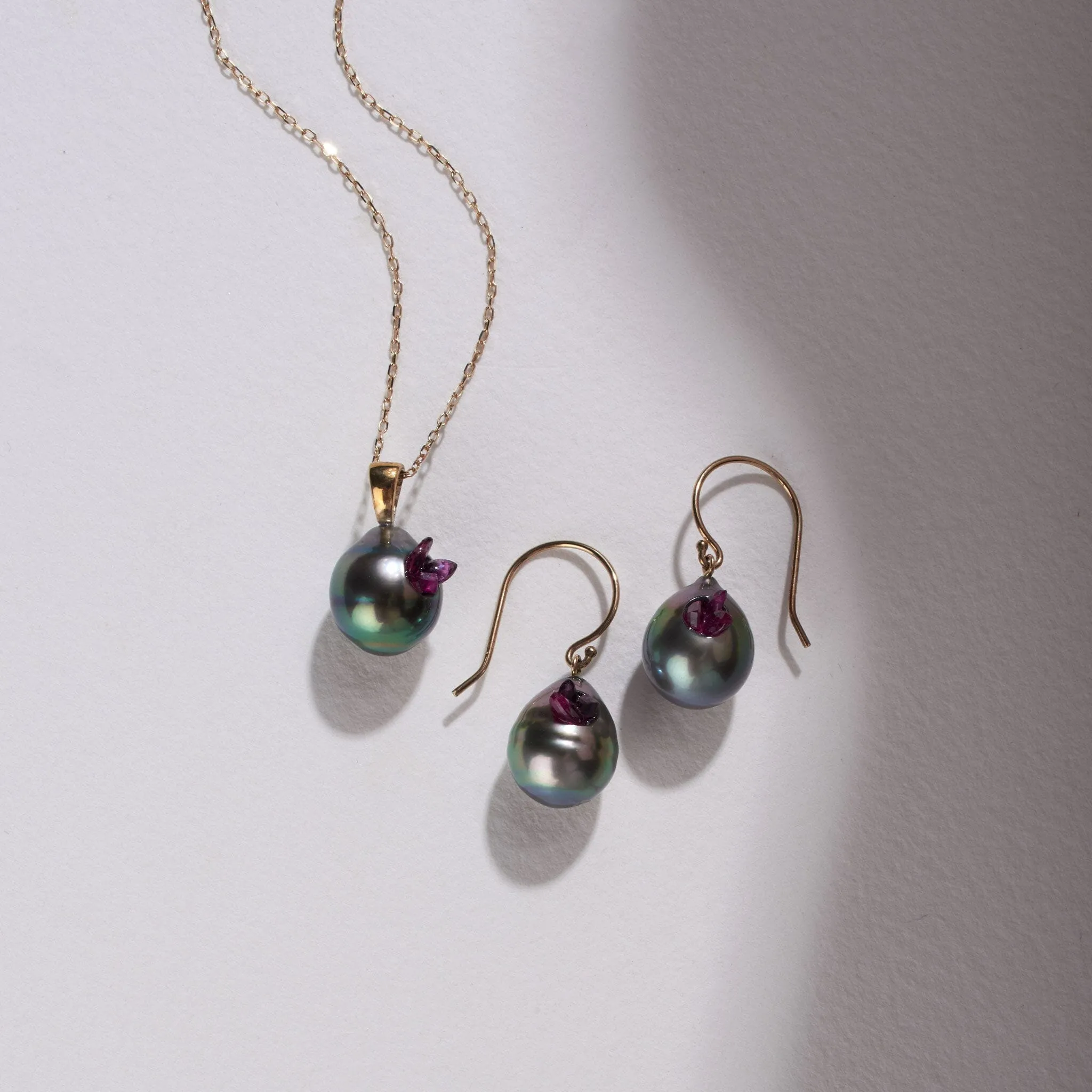 Tahitian Pearl Drop Earrings and Necklace Set with Ruby - Shop Now