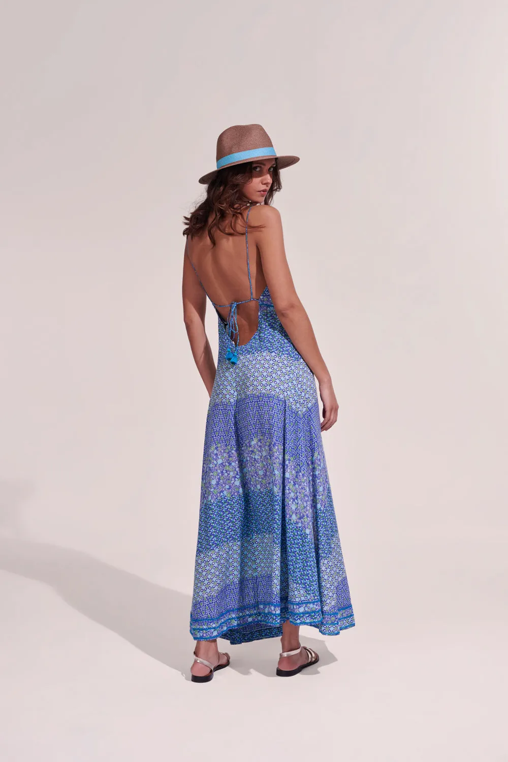 Poupette St Barth Long Dress Denise Blue Batik Stripe