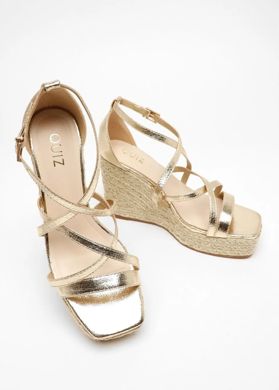 Quiz Gold Foil Strappy Woven Wedges