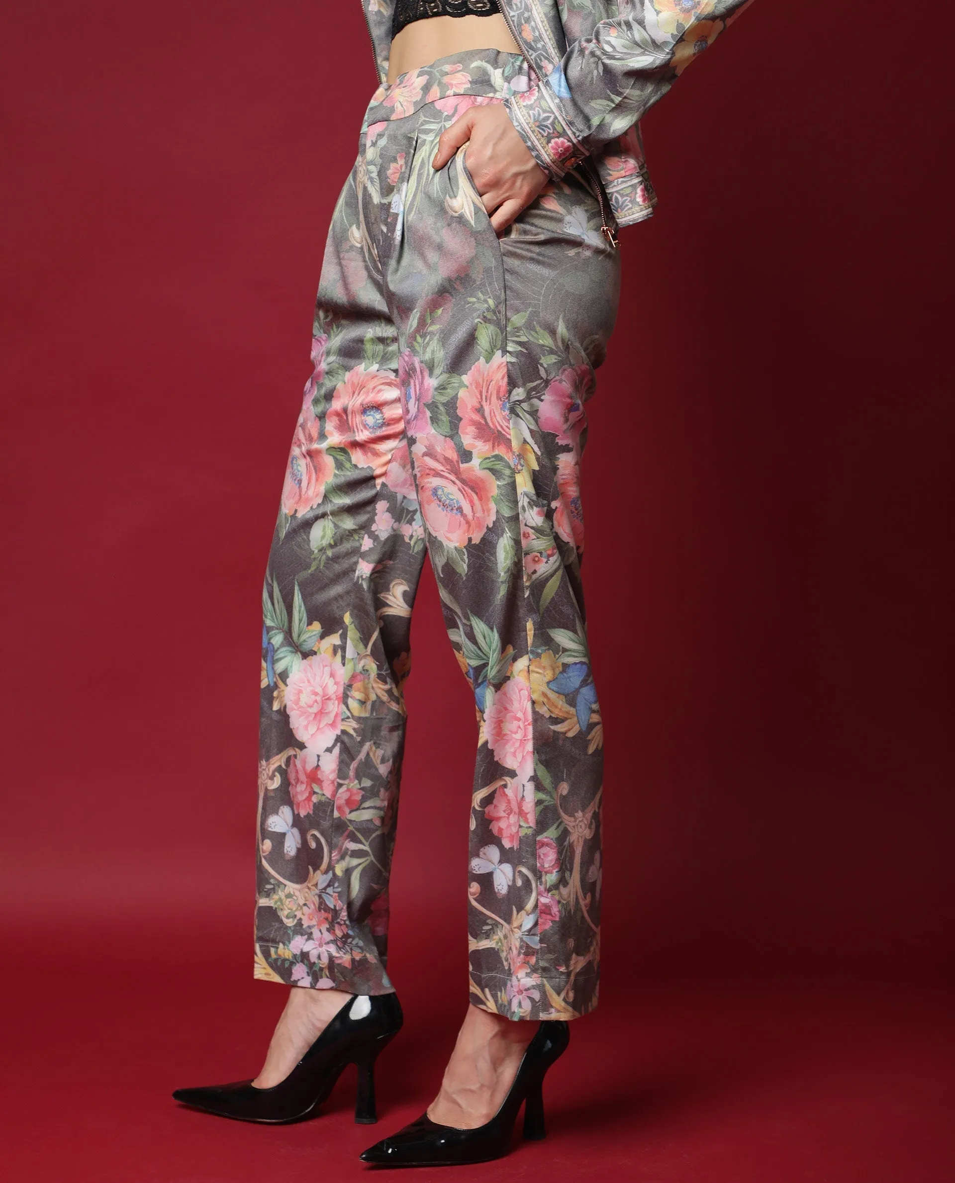 Rareism Women Montebello Multi Poly Viscose Fabric Tailored Fit Floral Print Ankle Length Trousers