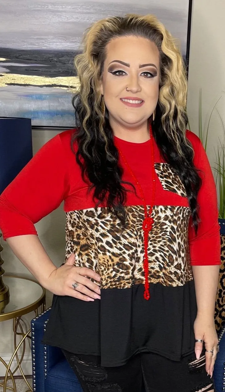 Red Leopard Black Color Block Flutter Top with Pocket in Medium Large size.