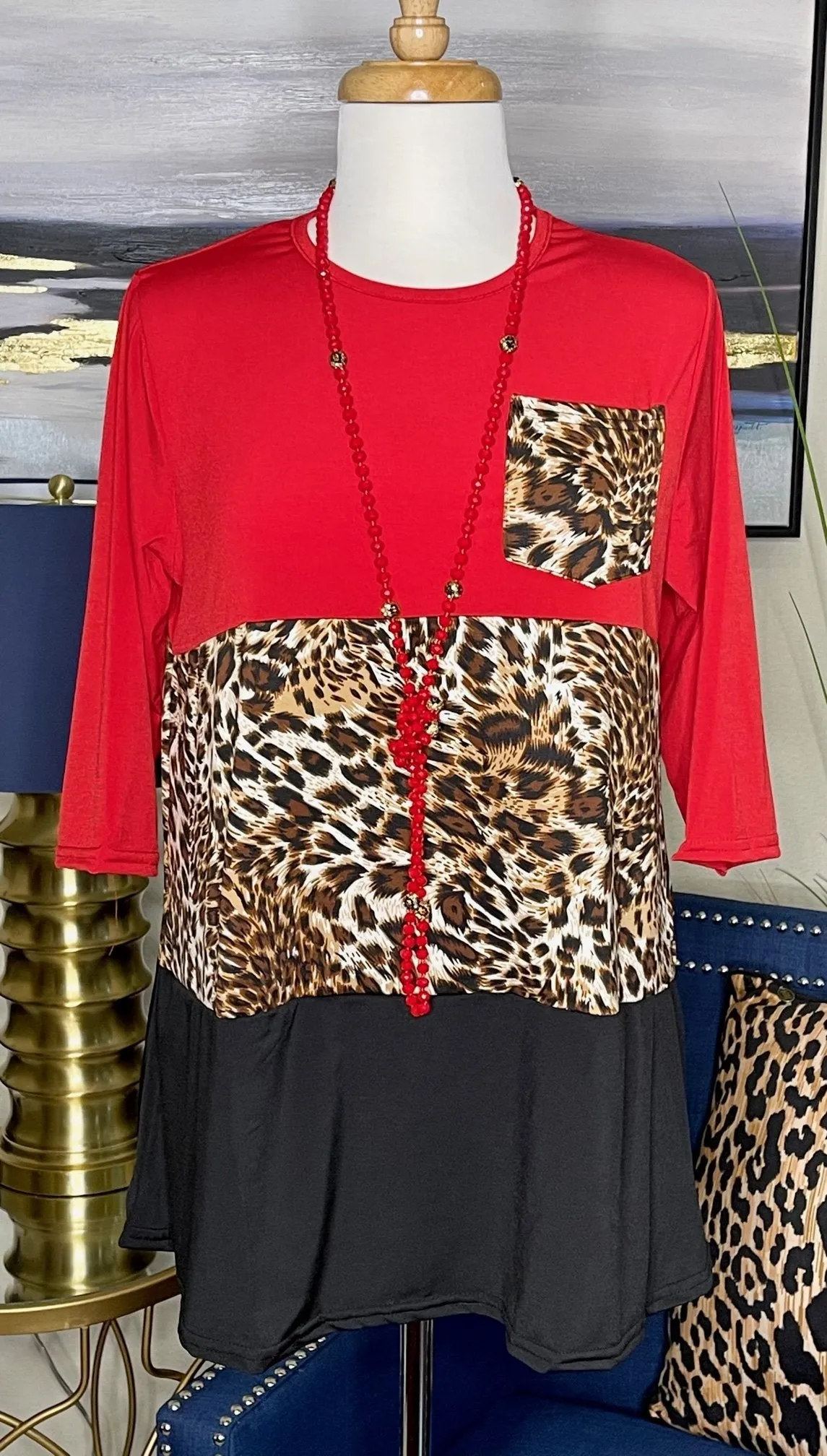 Red Leopard Black Color Block Flutter Top with Pocket in Medium Large size.