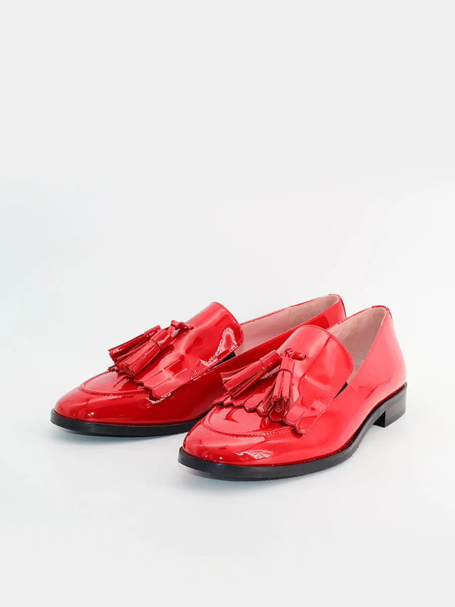 Red patent leather Messina FB loafers.