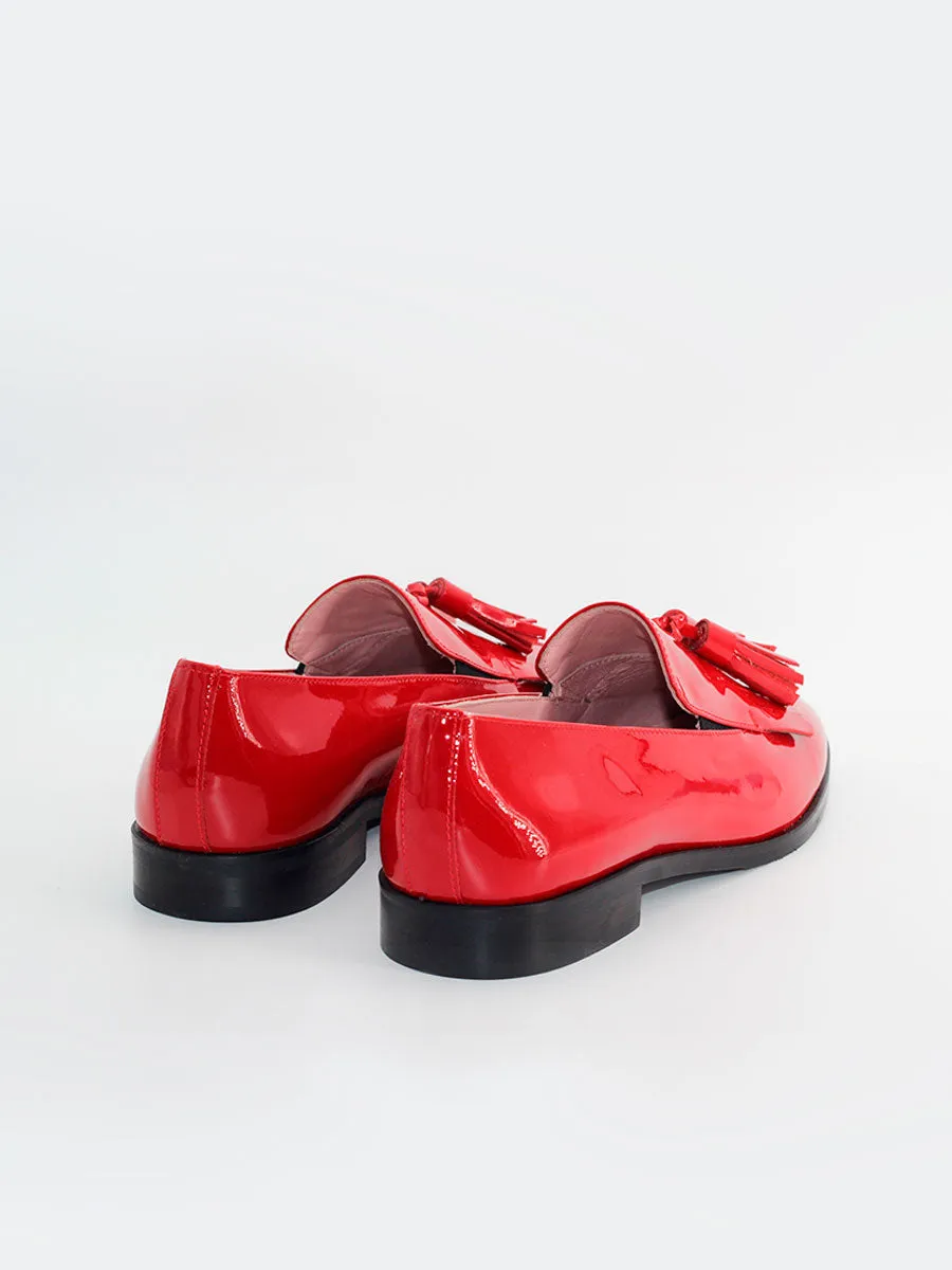 Red patent leather Messina FB loafers.