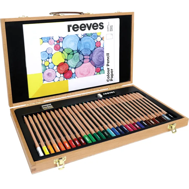 Reeves 34pc Coloured Pencils Pad Eraser Sharpener Set Wooden Box