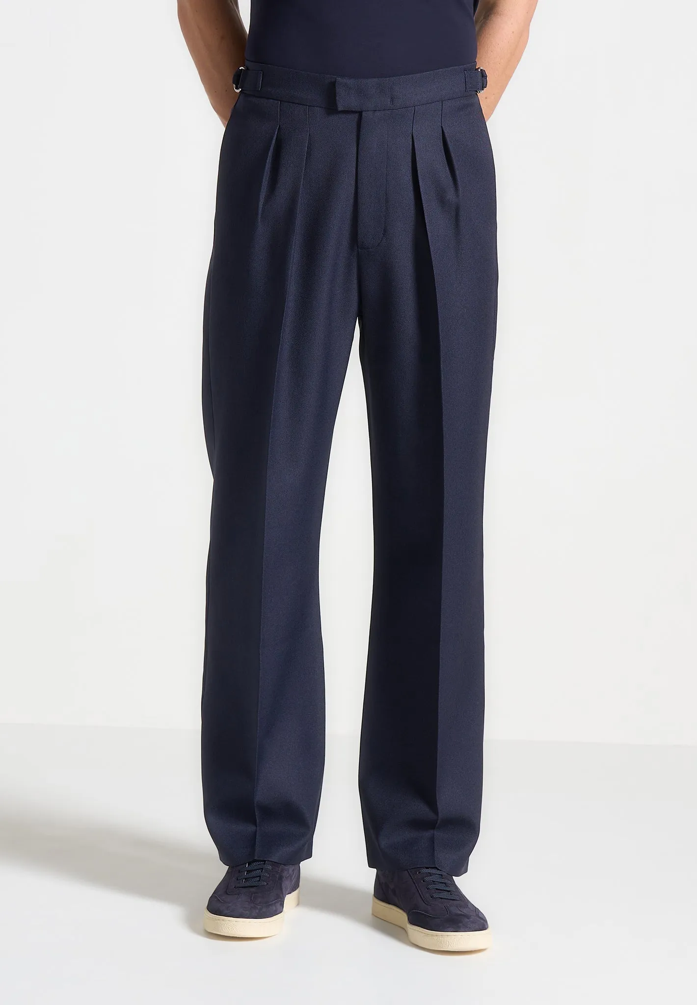 Relaxed Fit Twin Pleat Tailored Trousers - Navy