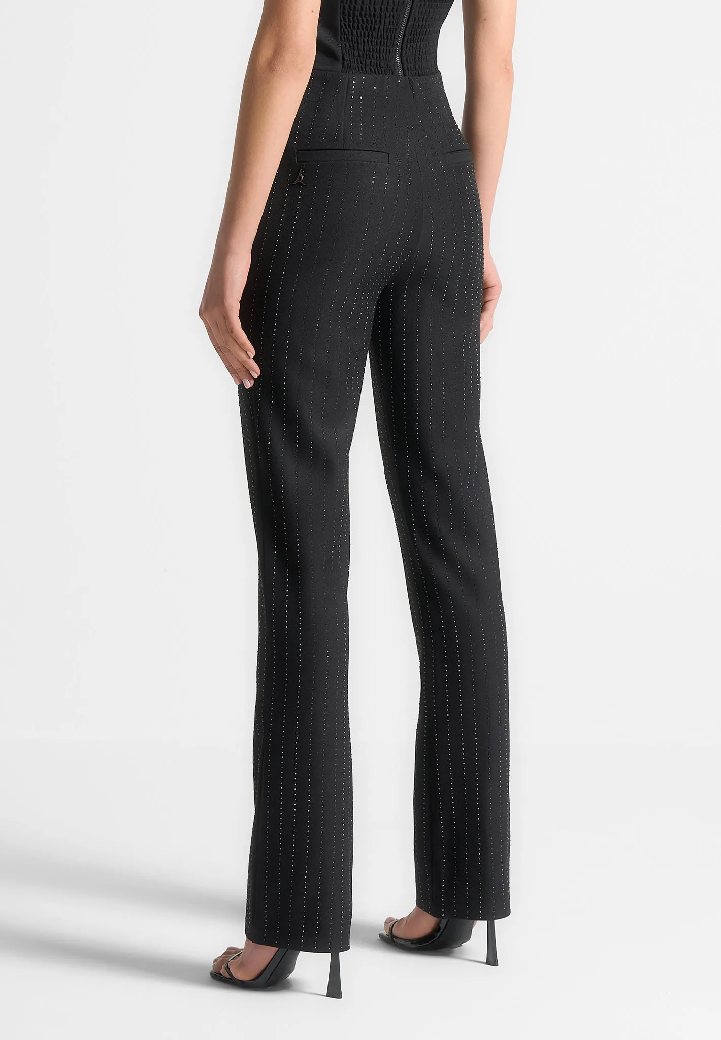 Rhinestone Tailored Straight Leg Trousers - Black