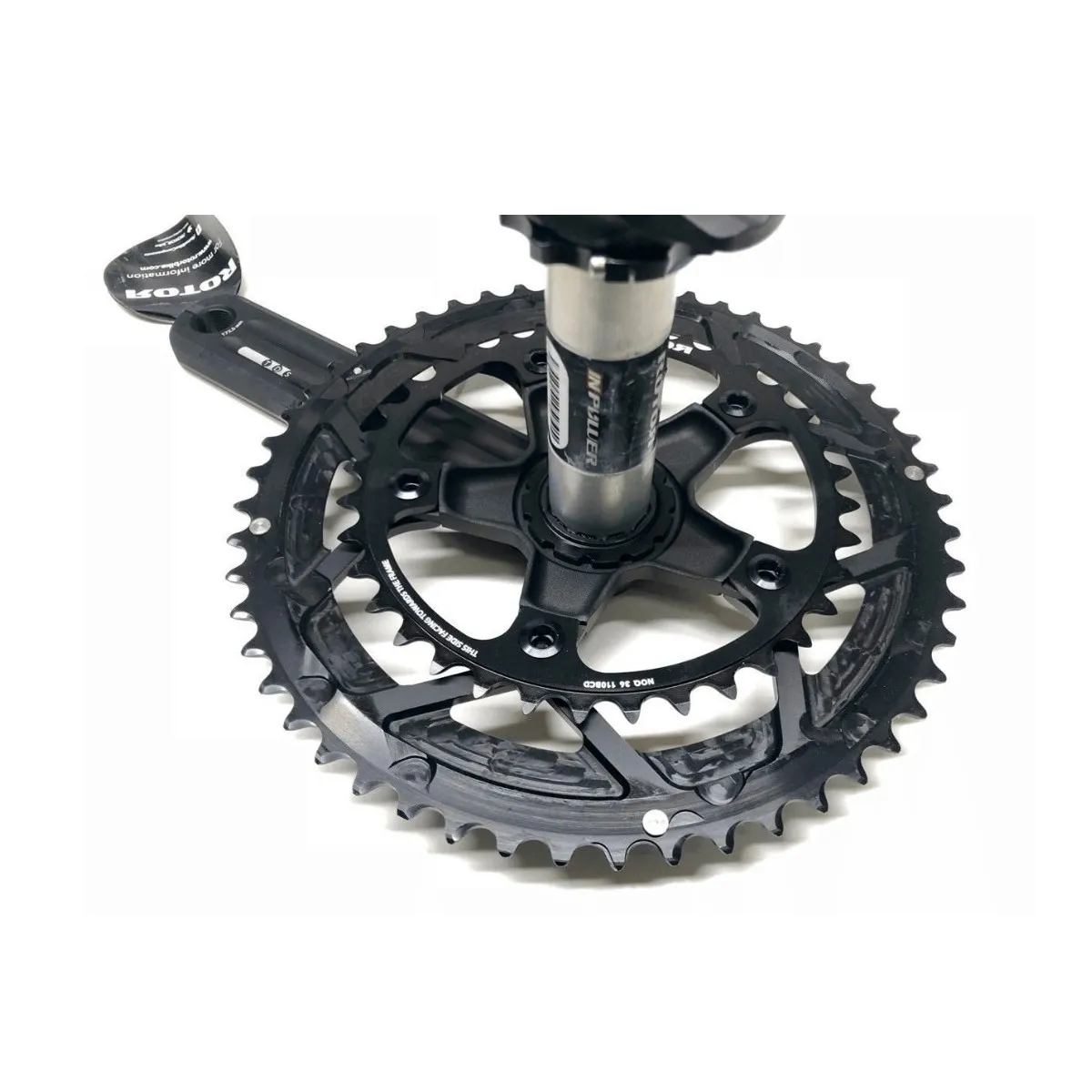 Rotor 3D cranks with INpower power meter and NoQ 52/36 round chainrings.