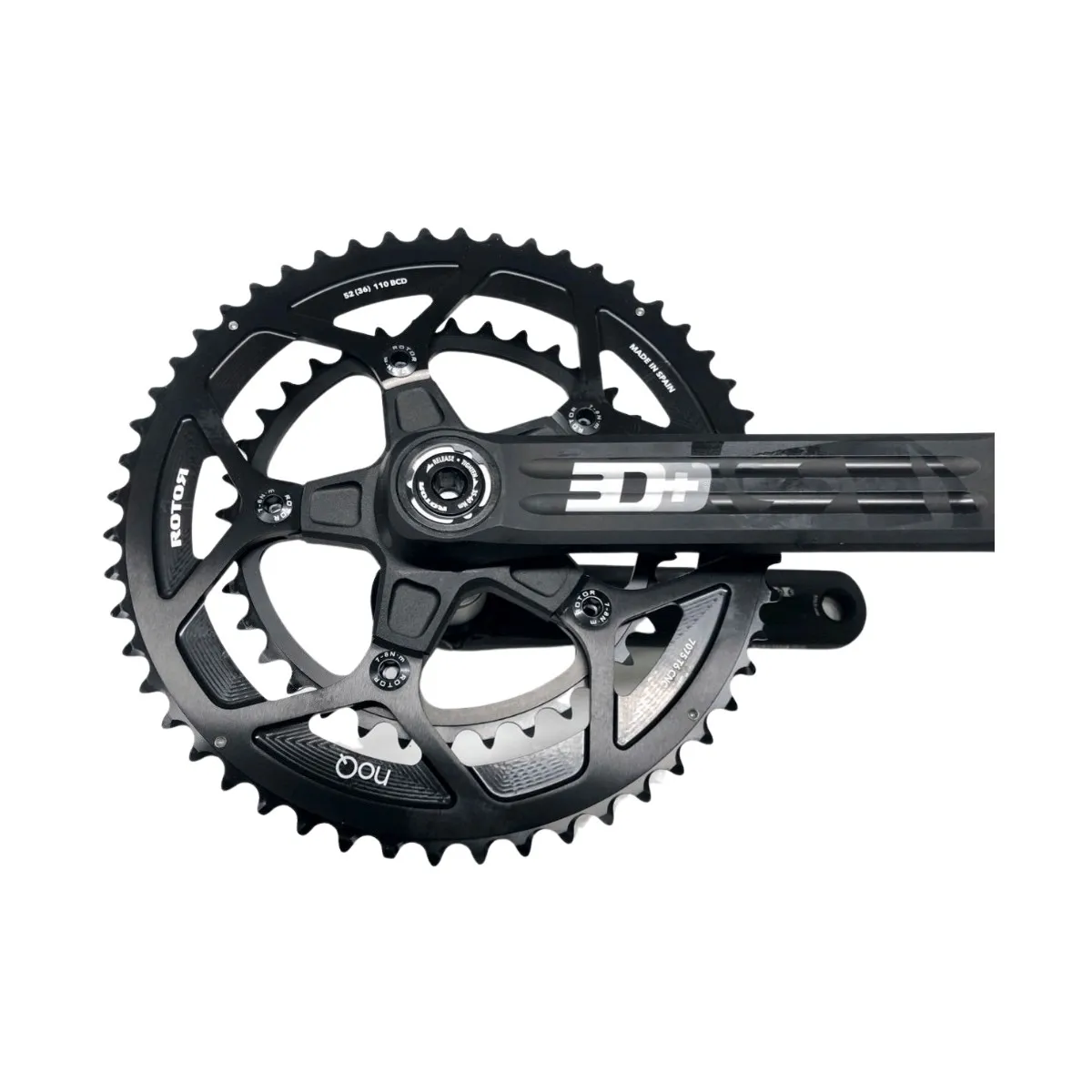 Rotor 3D cranks with INpower power meter and NoQ 52/36 round chainrings.