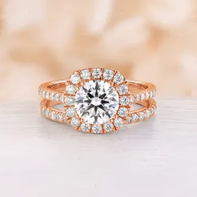 Round Moissanite Halo Engagement Ring Set Rose Gold Band