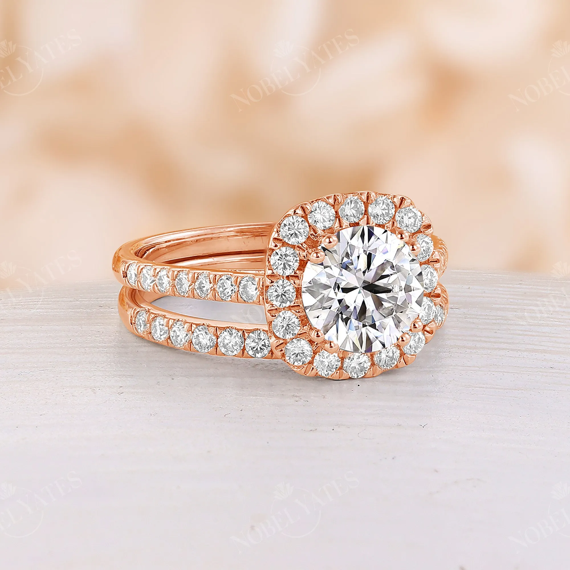 Round Moissanite Halo Engagement Ring Set Rose Gold Band