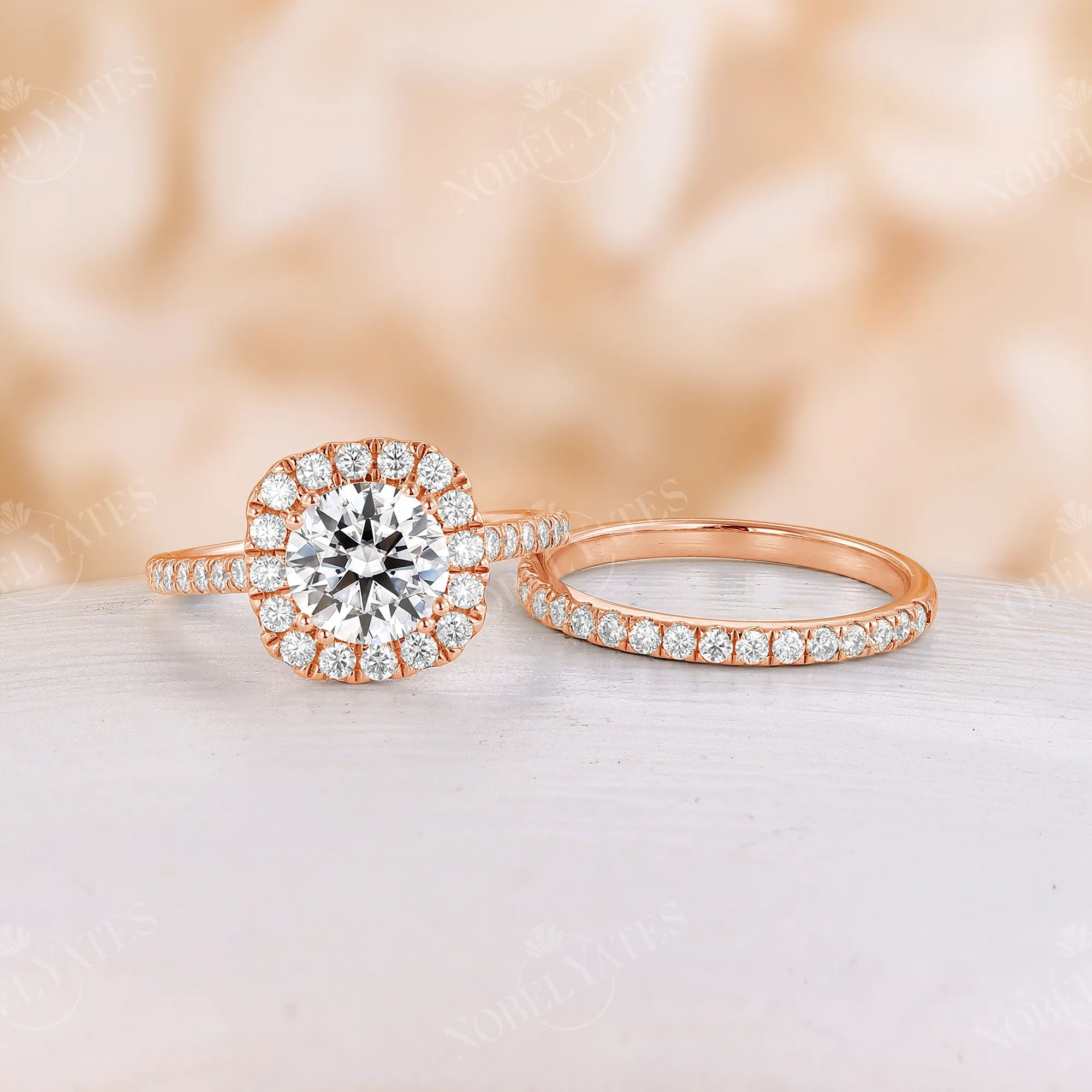 Round Moissanite Halo Engagement Ring Set Rose Gold Band