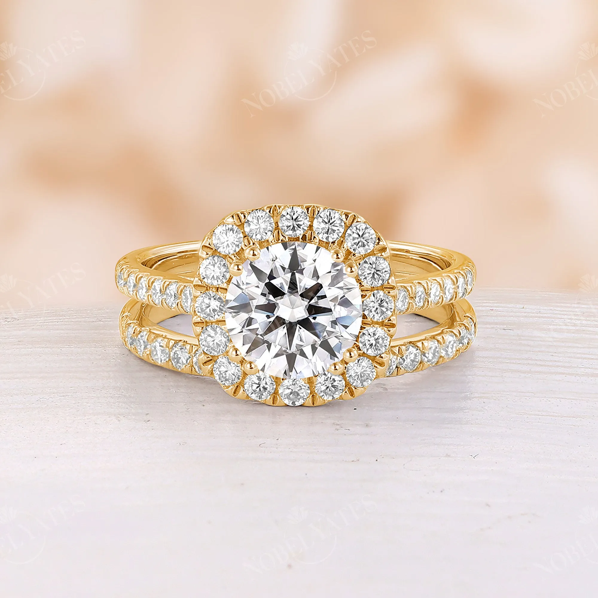 Round Moissanite Halo Engagement Ring Set Rose Gold Band