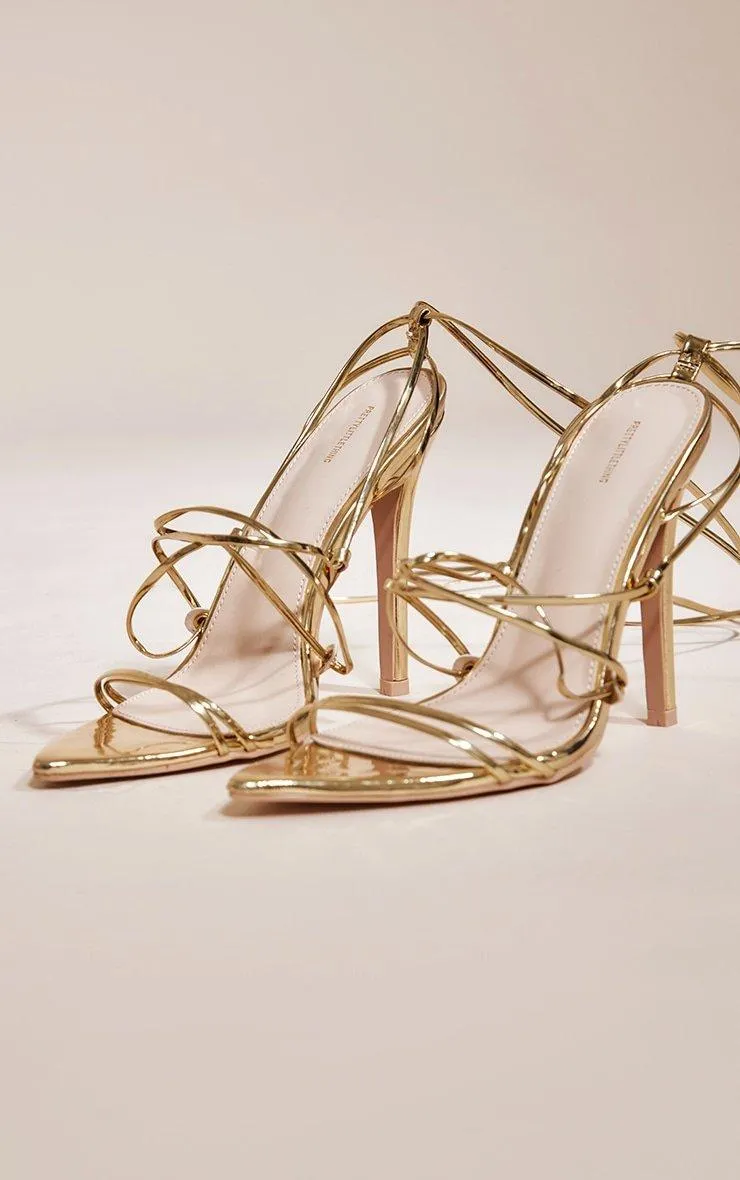 Sandals | Gold Metallic Strappy Gladiator Point Toe Heels | PrettyLittleThing