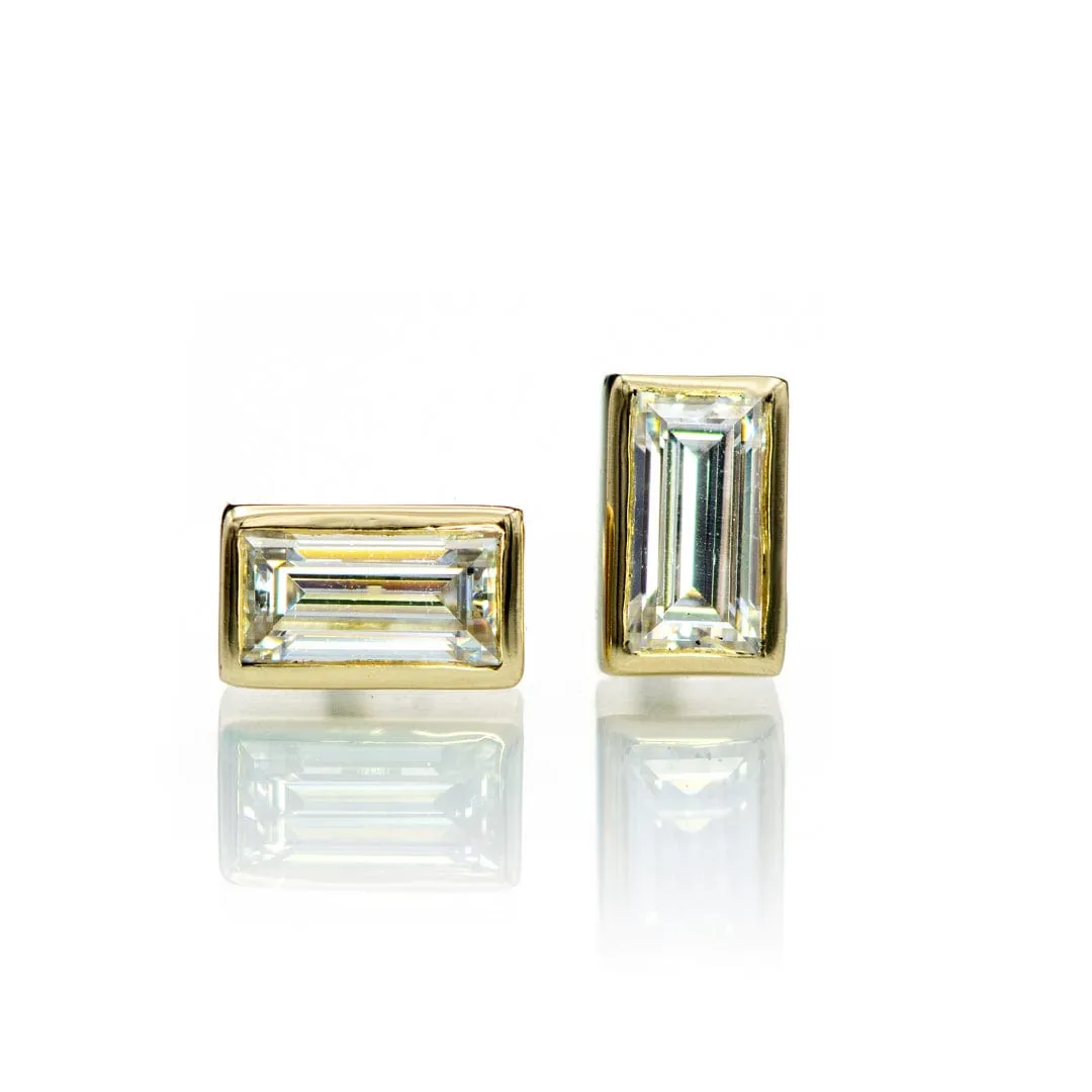 Simple 14k Yellow Gold Bezel Set Step-cut Baguette Moissanite Stud Earrings, Ready to Ship